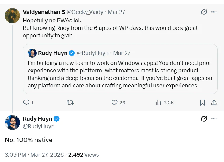 Microsoft Shifts to Fully Native Apps in Windows 11 3 Rudy's answer about 100% native and no PWA