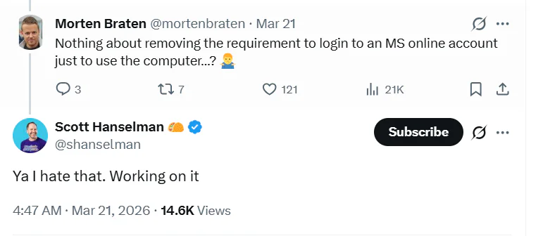 Windows 11 May Ditch Its Forced Microsoft Account Sign-in 2 Scott Hanselman's Answer When Asked About the Mandatory to Use a Microsoft Account Online