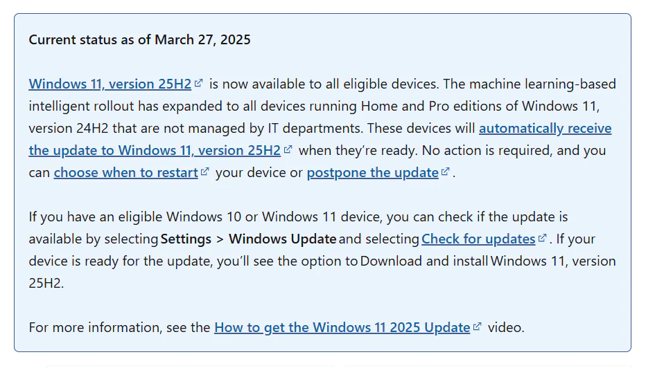 Windows 11 to Force-Update PCs to 25H2 Using Machine Learning 2 Announcement on the Microsoft Website