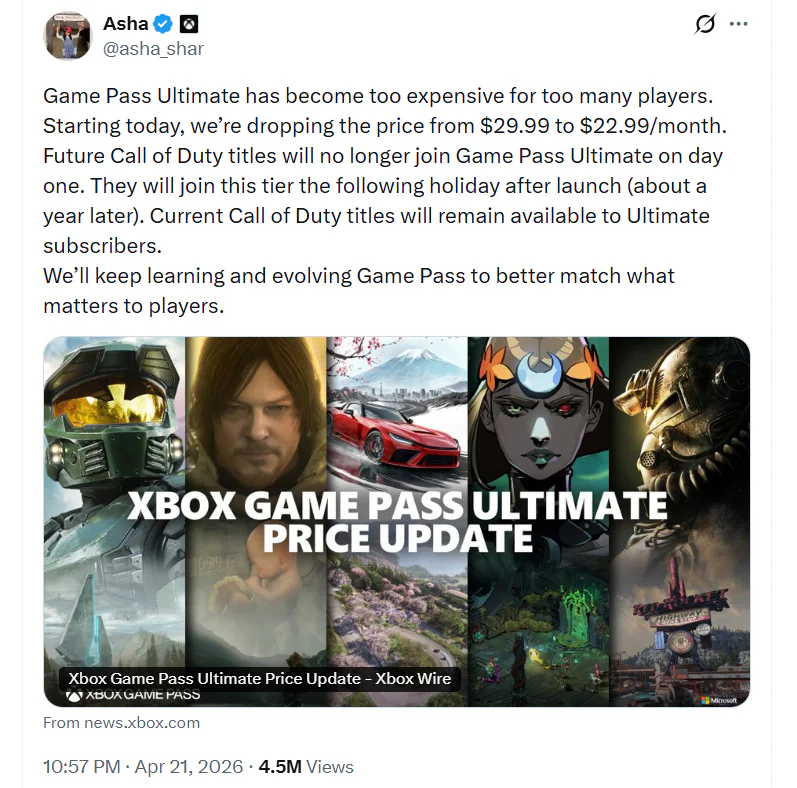 Xbox Makes Xbox Game Pass Cheaper 3 Asha Sharma's post on X