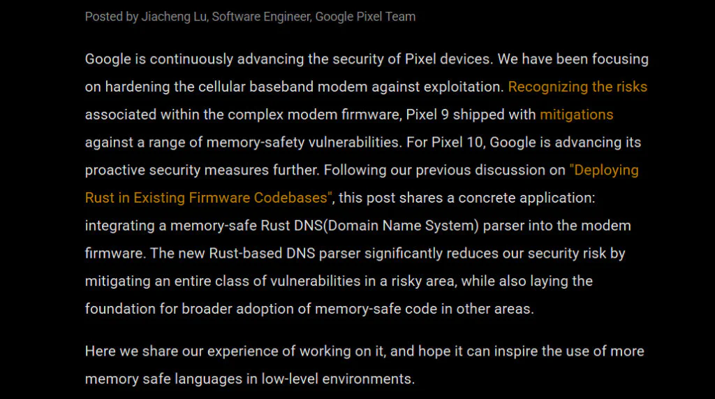 Google Adds Rust to Secure Pixel 10 Modem 2 Information on Google Blog