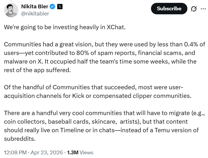 X to Shut Down Its Communities Feature 2 Post by @nikitabier on X