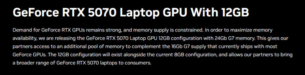 RTX 5070 Laptop GPU Appears with 12GB VRAM 2 Publication on the Nvidia Website