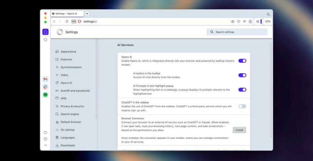 Opera Introduces Browser Connector to Link AI Chatbots Seamlessly 2 Settings Menu where users can install 'Browser Connector'