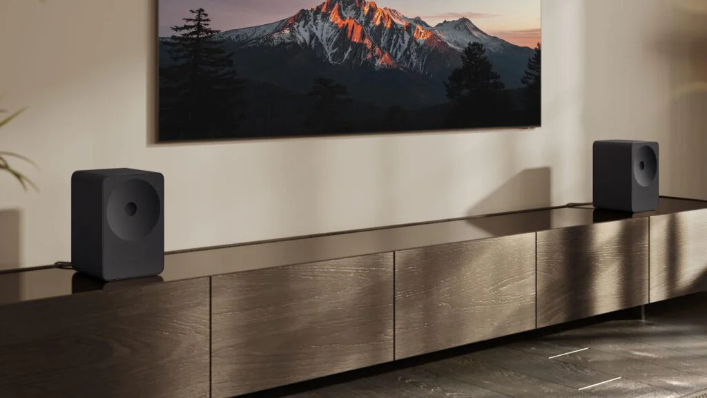 Samsung Reveals 2026 Soundbars & Speakers 2 Two Music Studio 7 speakers being used with a TV