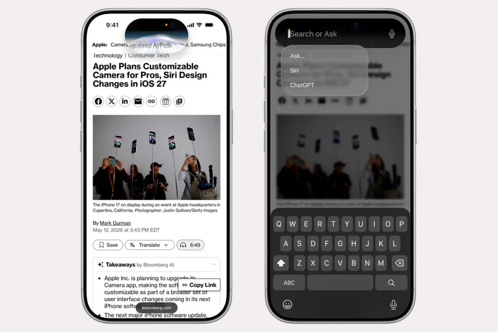 Here's What Apple's Next-Generation Siri in iOS 27 Might Look Like 2 Apple is testing a new Siri with Dynamic Island animations, a swipe-down Ask or Search interface, and selectable AI services