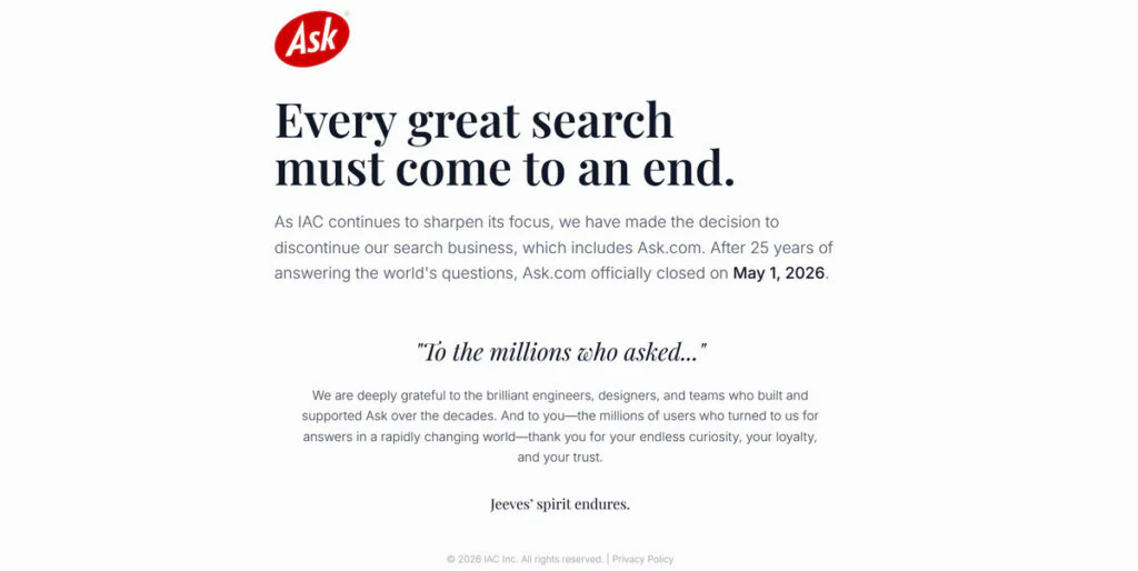 The Internet Says Goodbye as Ask.com Permanently Shuts Down 2 Ask.com Page When This Article Published