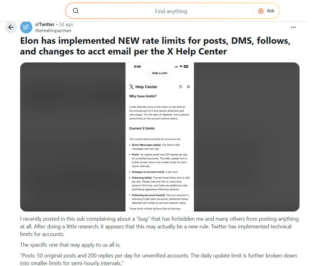 X Limits Free Accounts to 50 Posts and 200 Replies Per Day Without Blue Check 2 Reddit users are complaining about new restrictions by X
