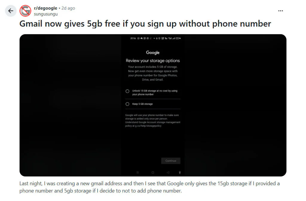 New Gmail Accounts Without Phone Numbers May Get Less Free Storage 2 Reddit users when they find a 5GB Gmail account