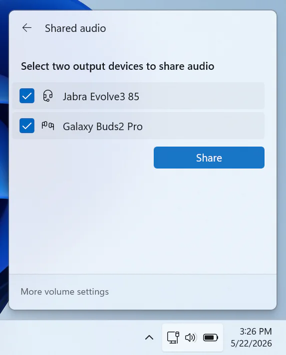 Windows Finally Lets You Share Audio to Two Bluetooth Headphones 3 Shared audio with 2 compatible accessories selected
