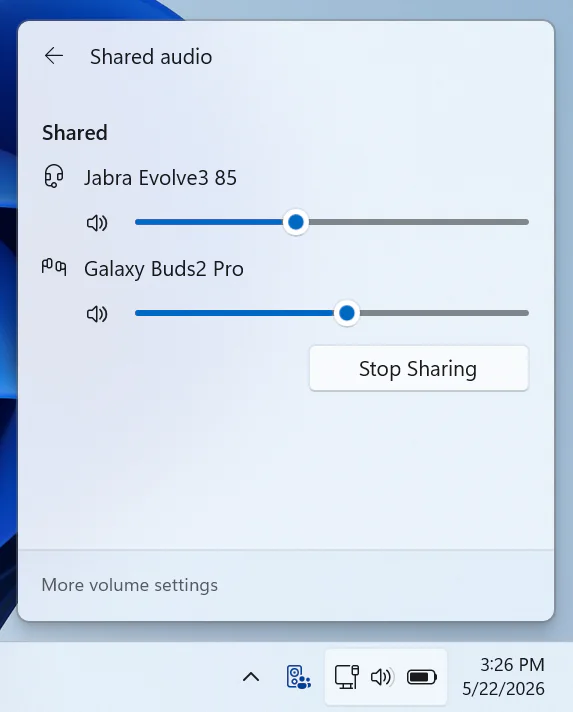 Windows Finally Lets You Share Audio to Two Bluetooth Headphones 4 Two accessories in a shared audio session, each with their own volume slider