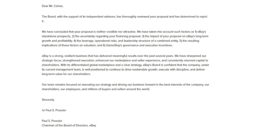 eBay Turns Down GameStop Takeover Offer, Calls Bid Unattractive 2 eBay Board’s Letter to GameStop CEO Ryan Cohen