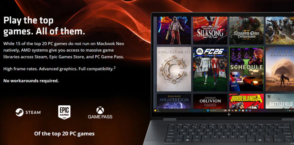 AMD Points to Native Game Support Gap on MacBook Neo 2 AMD compared laptops using their processors with the MacBook Neo