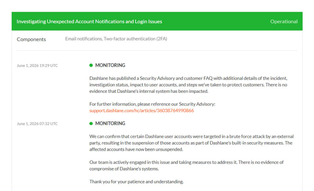 Dashlane Confirms Hackers Accessed Password Vaults Through Brute Force Attacks 2 Dashlane’s status page