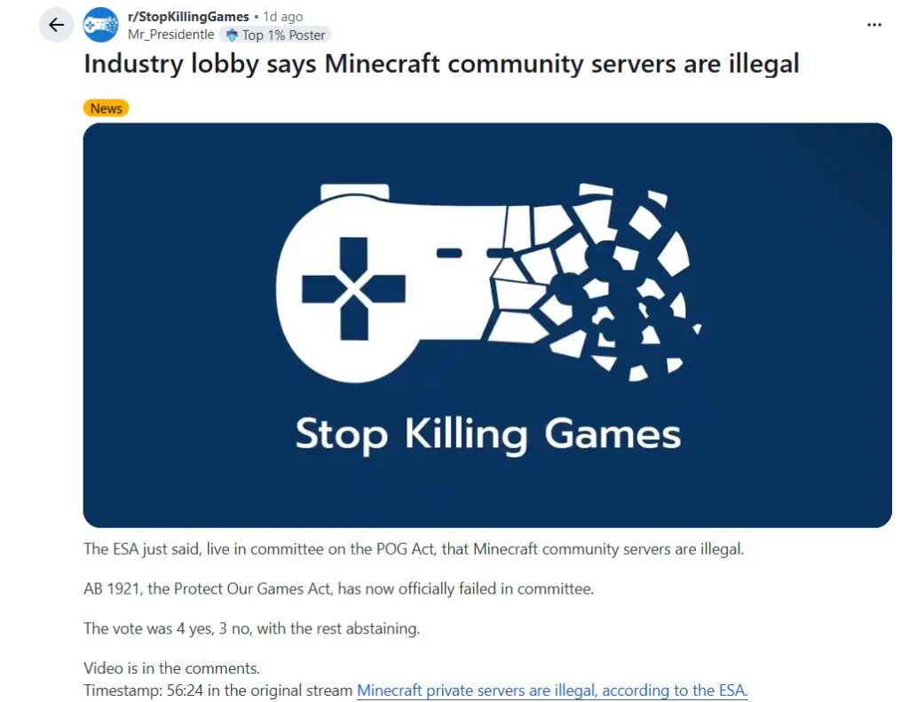 US Bill to Protect Online Games Fails as ESA Lobbyist Calls Private Minecraft Servers "Illegal" 2 News that was posted on Reddit