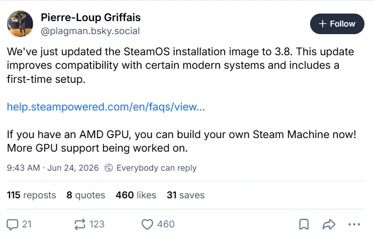 Pre-Built Gaming PCs Running SteamOS Are Finally Available to Buy 3 Pierre-Loup Griffais' post on BlueSky