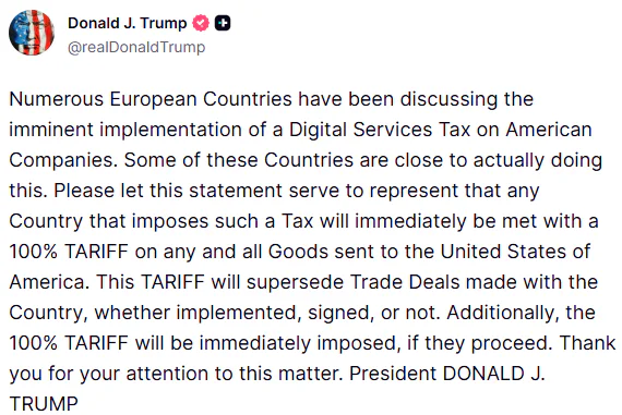 Trump Warns of 100% Tariffs Against Nations That Target US Tech Firms With Digital Taxes 2 Trump Warns of 100% Tariffs Against Nations That Target US Tech Firms With Digital Taxes