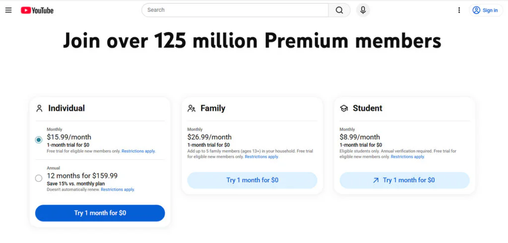 YouTube Premium Subscribers Face New Price Increase to $16 a Month 2 YouTube Premium subscription pricing except Lite