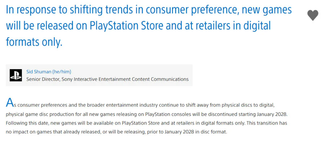 Sony Could Stop Making Physical PlayStation Games in 2028 2 Announcement on the Playstation Blog