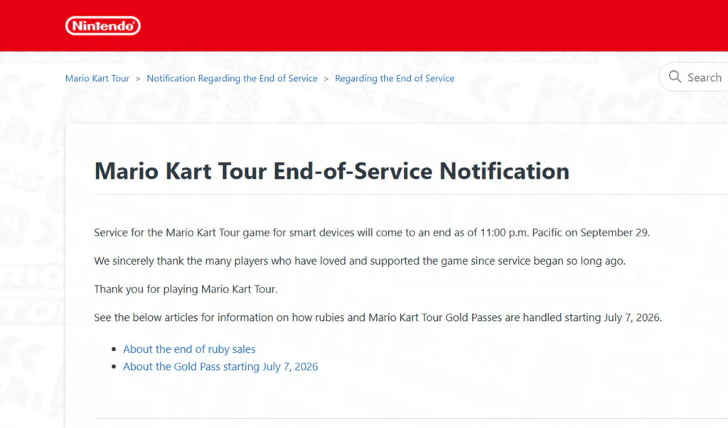 Nintendo Announces End of Service for Mario Kart Tour This September 2 Official Announcement on Nintendo's Website