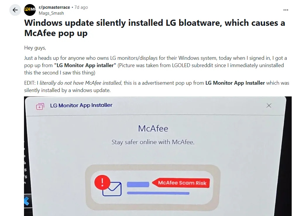 Users Report LG and Alienware Monitors Silently Installing Apps That Trigger Pop-Up Ads 2 Report by a Reddit user