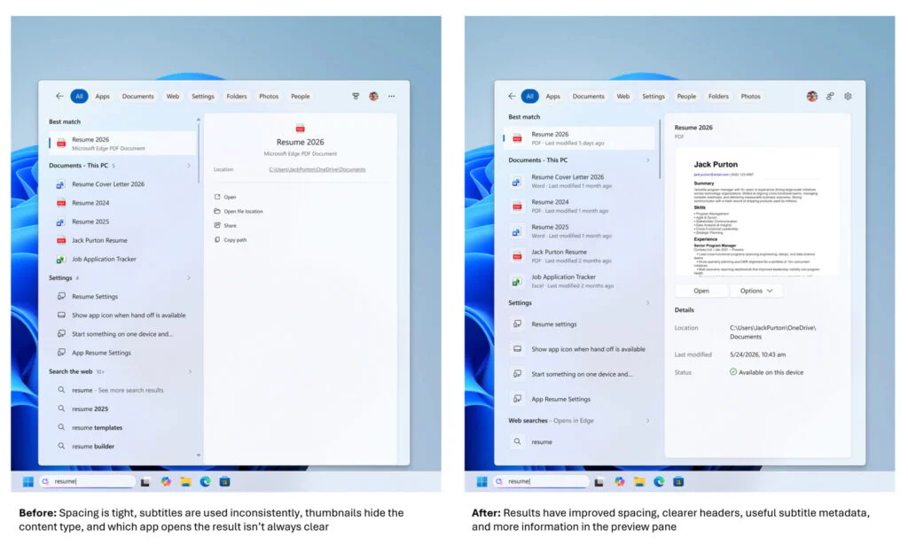 Microsoft Finally Cleans Up Windows Search by Removing News and Clutter 3 Results have improved spacing, clearer headers, useful subtitle metadata, and more information in the preview pane