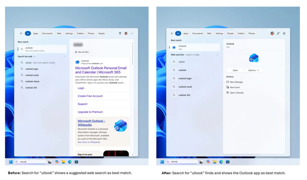 Microsoft Finally Cleans Up Windows Search by Removing News and Clutter 5 Search for utlook finds and shows the Outlook app as best match
