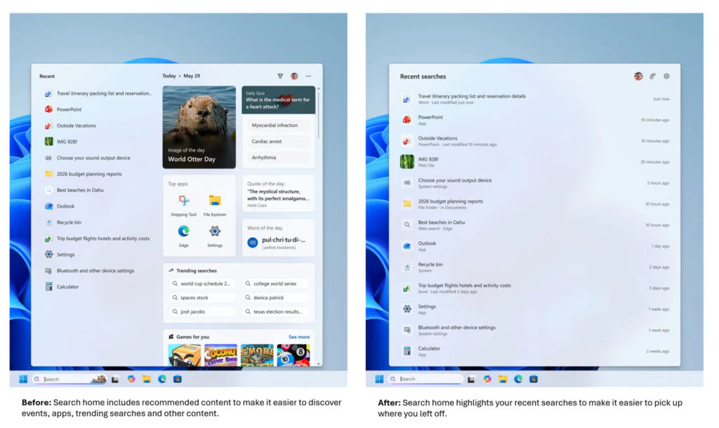 Microsoft Finally Cleans Up Windows Search by Removing News and Clutter 2 Search home highlights your recent searches to make it easier to pick up where you left off