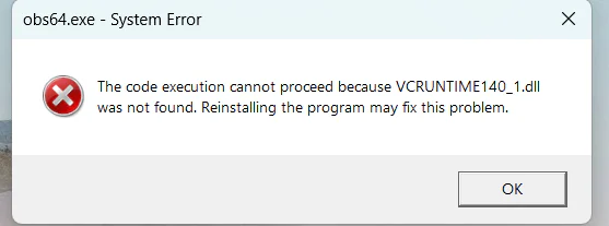 Visual C++ Redistributable V14 (for Visual Studio 2017-2026) Download 2 The code execution cannot proceed because VCRUNTIME140_1.dll was not found. Reinstalling the program may fix this problem.
