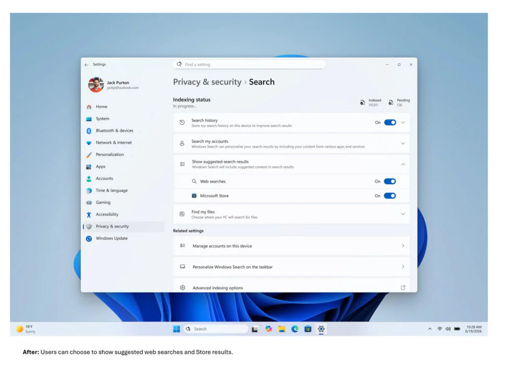 Microsoft Finally Cleans Up Windows Search by Removing News and Clutter 4 Users can choose to show suggested web searches and Store results