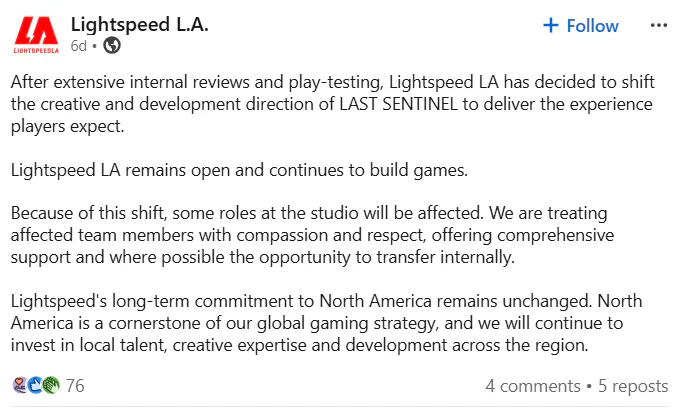 Tencent Reportedly Cancels $300M GTA Rival Last Sentinel After Six Years in Development 2 A post on LinkedIn by Lightspeed L.A.