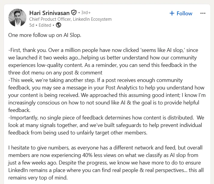 LinkedIn Says AI Slop Posts Are Getting 40% Fewer Views 2 Hari's Statement on LinkedIn