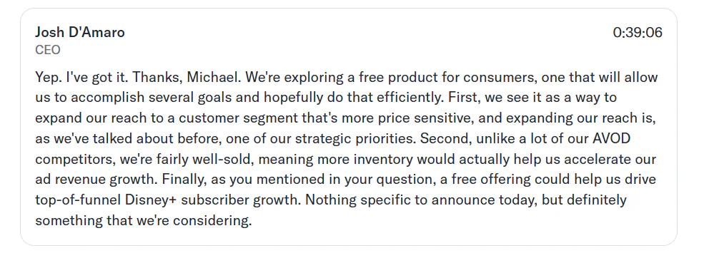 Disney+ and Netflix Consider Free Ad-Supported Streaming Plans 2 Josh D’Amaro’s Statement in the Investor Call