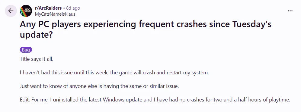 Windows 11 KB5121003 Triggers Game Crashes 2 Reddit user reports that the Windows 11 Update causes system problems