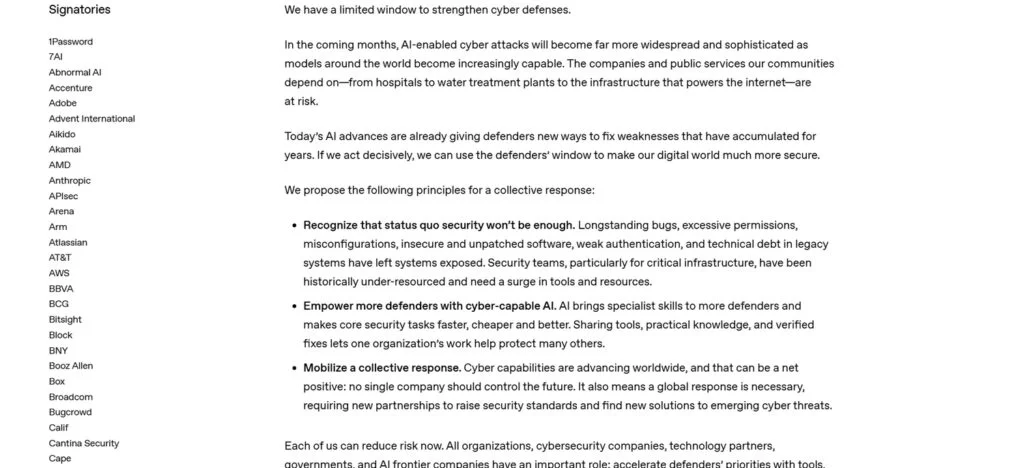 More Than 100 Companies Warn of Growing AI-Powered Cyber Threats 2 Screenshot of part of the open letter