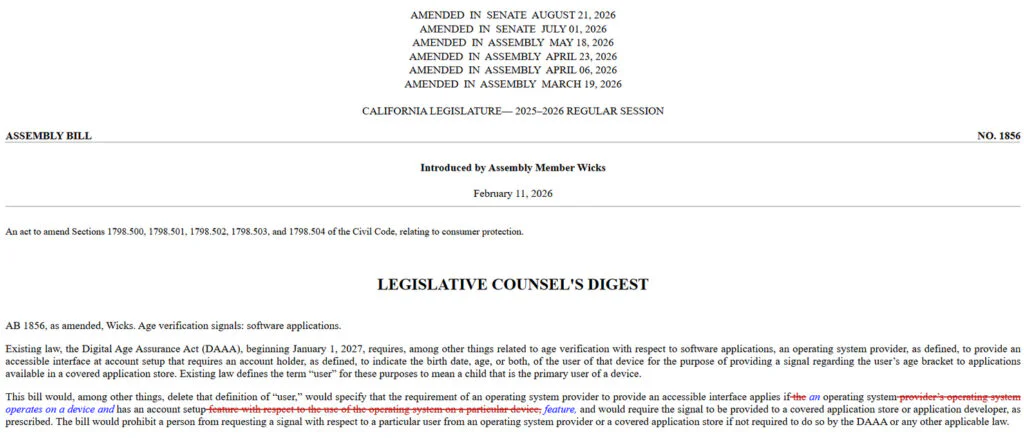 California Revises Age-Verification Law to Exempt Open-Source Linux 2 Bill 1856