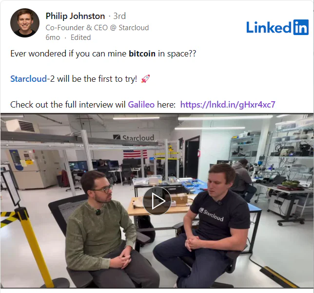 Nvidia-Backed Startup Wants to Mine Bitcoin From Space 2 Philip Johnston's post on Linkedin