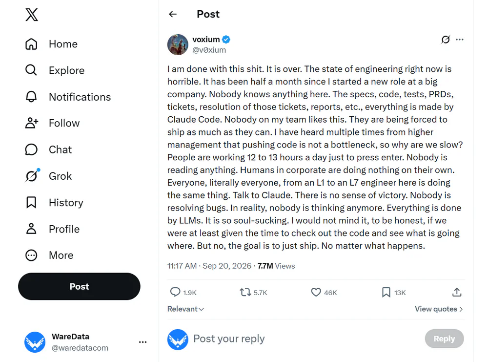 Engineer Claims AI Turns Coders Into “Press Enter” Workers 2 Post from the account @v0xium on X