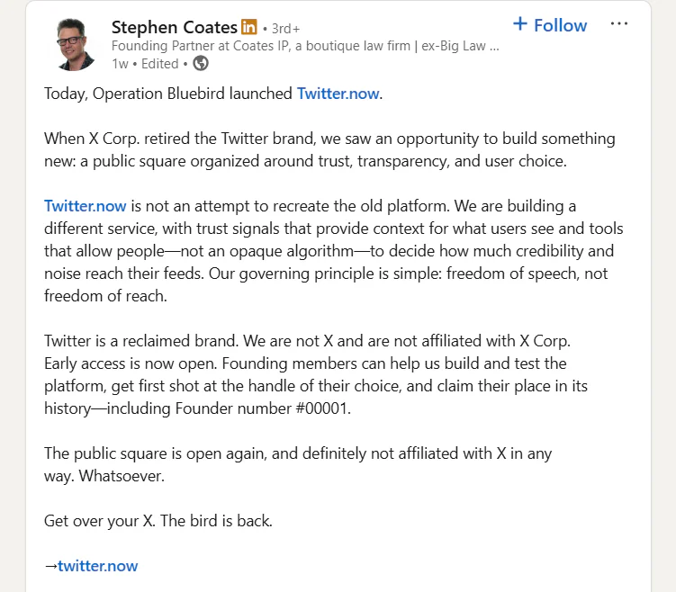Twitter.now Rebrands as Tweet.App Amid Trademark Dispute 2 Stephen Coates' post on LinkedIn