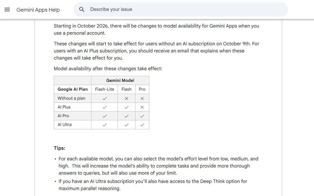 Free Gemini Users Will Lose Access to Flash and Pro Models 2 Model availability for Gemini Apps after october 9